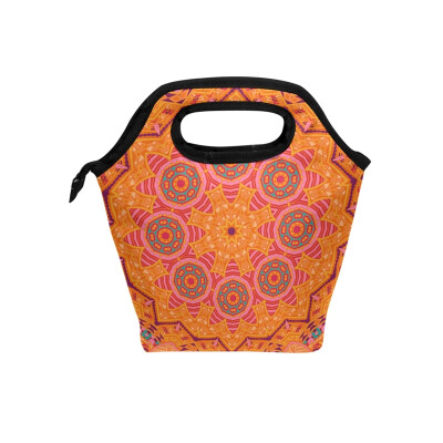 

Lunch Tote Bag Boho Orange Circle Travel Picnic Insulated Lunch Handbags Portable Zipper Lunch Bag Box