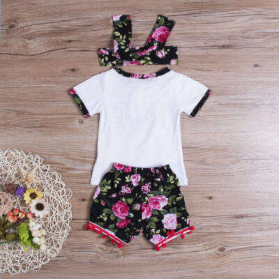 

USA Cotton Kids Baby Girls Tops T-shirt Pants Shorts Headband Outfit Clothes Set