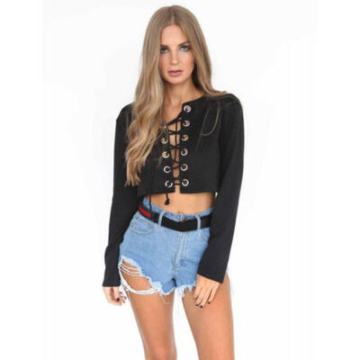 

Fashion Women V Neck Crop Top Long Sleeve Shirt Blouse Sweater T-shirt