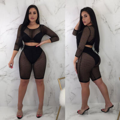 

Womens Ladies Long Sleeve See Through Gauze 2Pcs Crop Top Shorts Set Jumpsuit