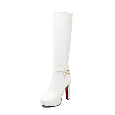

IDIFU Womens Elegant Strap Plain Round Toe Side Zipper Chunky High Heel Platform Knee High Biker Boots Shoes