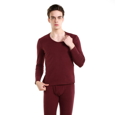 

JZAO mens thermal underwear cotton autumn clothes long pants warm suit wine red V collar XL code