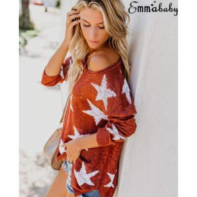 

2018 Women Crew Neck Long Sleeve Star Loose Knit T Shirt Tops Blouse Tee -XL