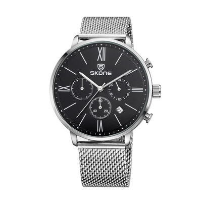 

SKONE 2016 Brand Fashion Luxury Full Steel Men Casual Wristwatch Calendar Waterproof Mans Business Dress Watch W Sub-dials