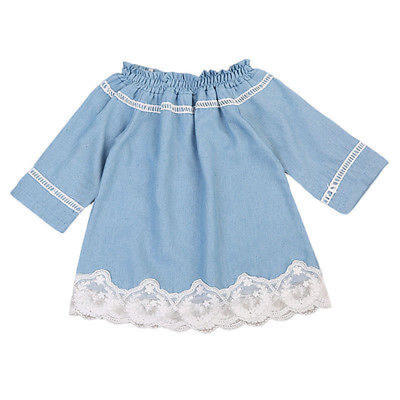 

Cute Newborn Baby Girls Long Sleeve Off Shoulder Denim Lace Dress Party Clothes