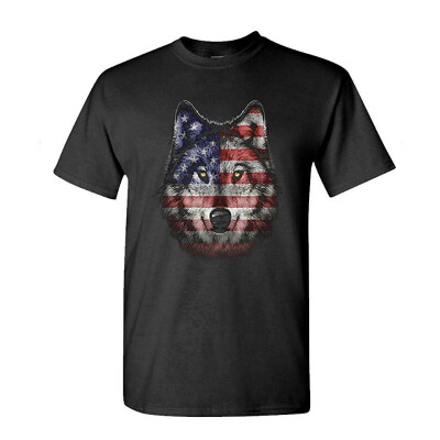 

American Wolf Flag Patriotic USA Native - Mens Cotton T-Shirt