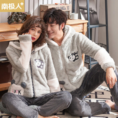 

Antarctic couple pajamas female winter coral fleece long sleeve thick flannel cartoon home service 00-0251A male models gray 1851  code