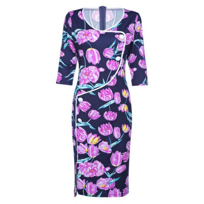 

Trendy Round Collar Half Sleeve Floral Print Slit Button Women Bodycon Dress