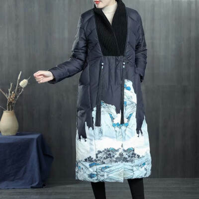 

New down jacket winter national wind ink printing knit collar stitching tassel long over-the-knee coat