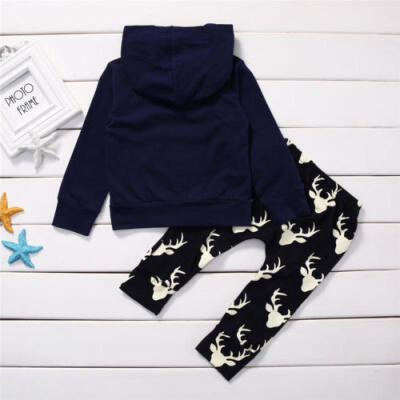 

Newborn Baby Boys Tops Wild One Hooded Tops Deer Long Pants Outfit Clothes US c