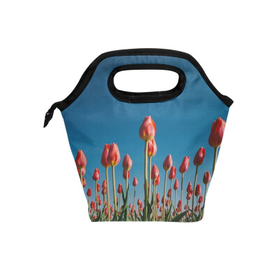 

Insulated Lunch Tote Bag Red Tulip Travel Picnic Lunch Handbags Portable Zipper Lunch Bag Box