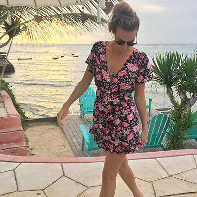 

Women Summer Floral Short Sleeve Evening Party Beach Dress Short Mini Dress UK