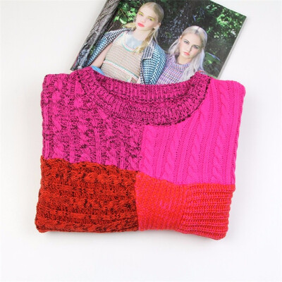 

Super beautiful red stitching sweater womens head heavy industry craft mixed color jacquard simple bottoming sweater student jacket