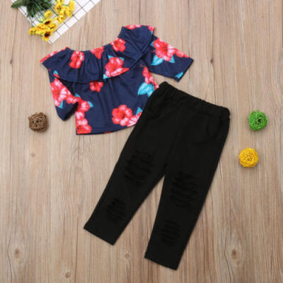 

Toddler Kid Baby Girl Floral Off Shoulder Top T-shirt Pants Outfits Clothes 2-7T