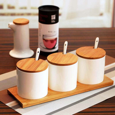 

Enjoy pure white sauce pot kitchen restaurant table salt pot condiment box three-piece with bamboo tray