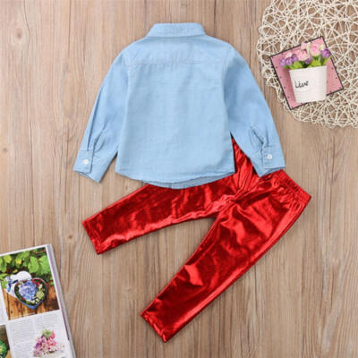 

Newborn Kids Baby Girls Denim Tops Shirt PU Leggings Pants Outfits Set Clothes