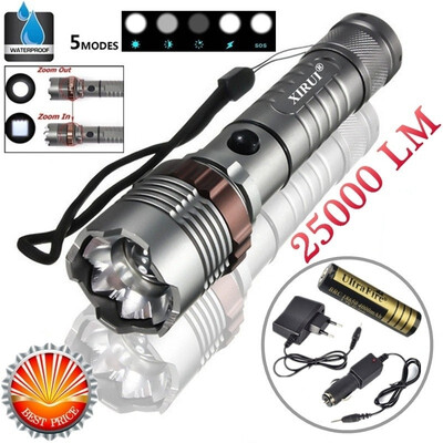 

HOT 25000LM Super bright Waterproof CREE XML T6 LED Tactical Flashlight with Adjustable Focus&5 Light Modes