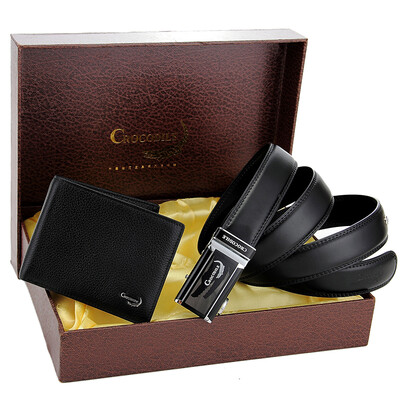 

Men's Leather Belt with Automatic Buckle Wallet in Gift Box, Black