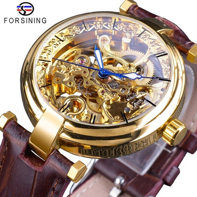 

Forsining Retro Flower Design Automatic Clock Blue Hands Mens Mechanical Watches Skeletons Black Genuine Leather Luminous Hands