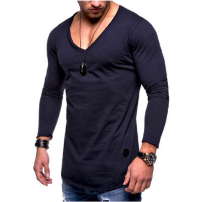 

Mens Casual V-Neck Long Sleeve Shirts Slim Fit Muscle T-Shirt Gym Tops Basic Tee