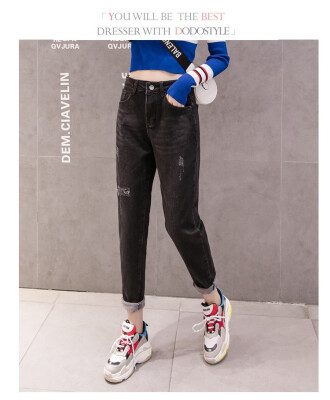 

Flanneled&thickened denim slacks 2018 autumn&winter new Korean fashion thin dark college style jeans