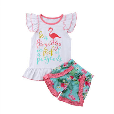 

Kids Baby Girls Flower Flamingo Print Tops VestPants 2pcs Outfits Set Clothes