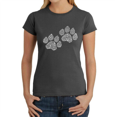 

Womens Word Art T-Shirt - Woof Paw Prints- LA Pop Art