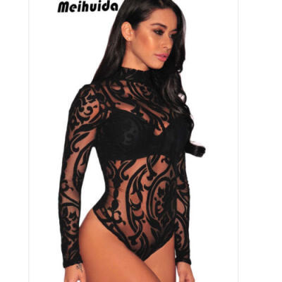 

New Women Lace Bodysuit Sheer Mesh Turtleneck Long Sleeve Leotard Jumpsuit Top