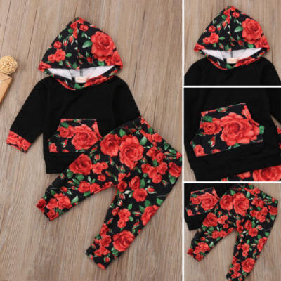 

UK Stock Baby Girls Floral Hooded Tops Sweatshirt Long Pants Outfits Set Clothes