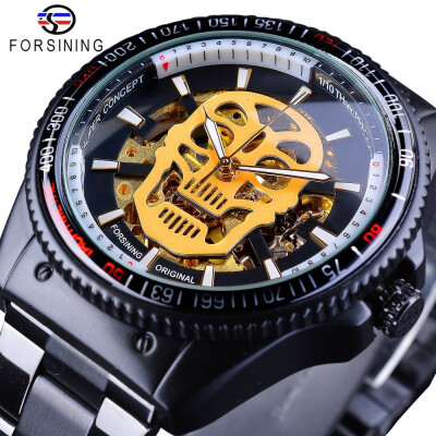 

Forsining Sport Series Steampunk Skull Design Black Stainless Steel Luminous Skeleton Watch Mens Automatic Watches Top Brand