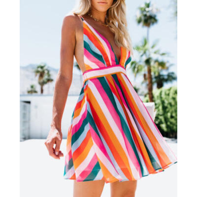 

Women Summer Boho Long MaxiShort Striped Dress Party Beach Dresses Sundress