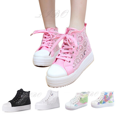 

Girl Lace Round Toe hollow Platform Wedge Shoes High top Casual Sneaker