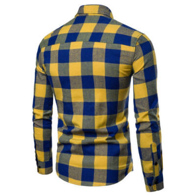 

New Mens Long Sleeve Shirt Button Up Business Work Plaid Formal Plain Dress Top