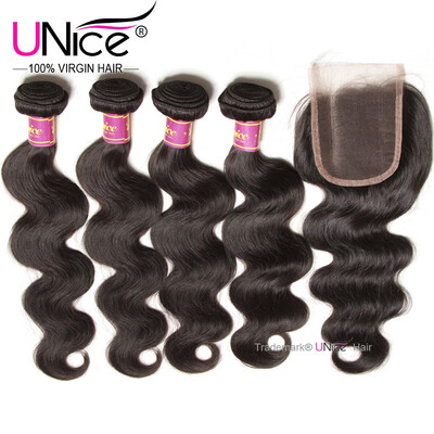 

UNice Brazilian Virgin Hair Body Wave 100 Human Hair Bundles with Closure