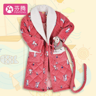 

Fen Teng 2018 autumn&winter new playful cat cardigan lapel soft cute thickening plus velvet quilted long-sleeved pajamas girls home service pajamas robe F98950849 water red 2 120
