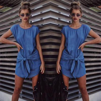 

Plus Size Summer Womens Short Sleeve Jeans Long T shirt Casual Denim Mini Dress