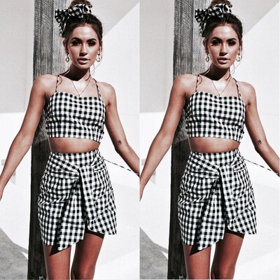

Summer Women Bandage Bodycon 2 Piece Crop Top Skirt Outfit Set Party Mini Dress