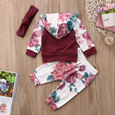 

3PCS Newborn Baby Girls Kids Hooded Tops ShirtLong Pants Outfits Set Tracksuit
