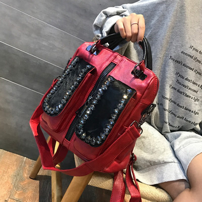 

Fashion Preppy Style Multifunction Backpack PU Leather Horse Hair Women Fur Shoulder Bag Diamond Travel School Bags Teens Girls