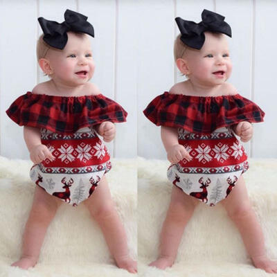 

XMAS Toddler Baby Girl Sleeveless Off Shoulder Romper BodysuitHeadband Set