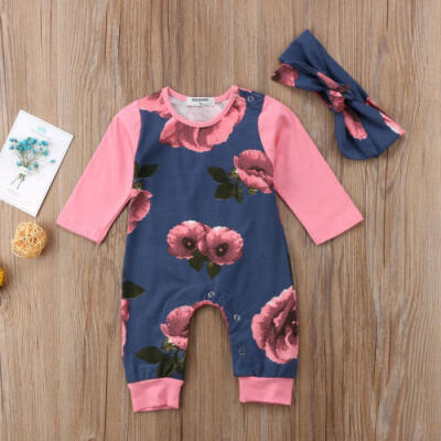 

Toddler Baby Kids Girls Flower Print Romper Jumpsuit Outfits Set Cotton Clothes