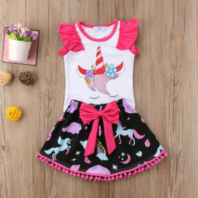 

2PCS Toddler Baby Girls Summer Outfits Clothes T-shirt Top Skirt Dress Set 1-6Y