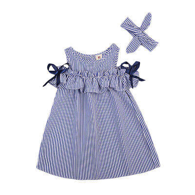 

HOT Toddler Kids Baby Girls Clothes Striped Off-shoulder Party Gown Formal Dress