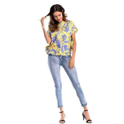 

Women Short Bell Sleeve Ruffled Flounce Crew Neck Blouse Casual Top T-shirt Hot