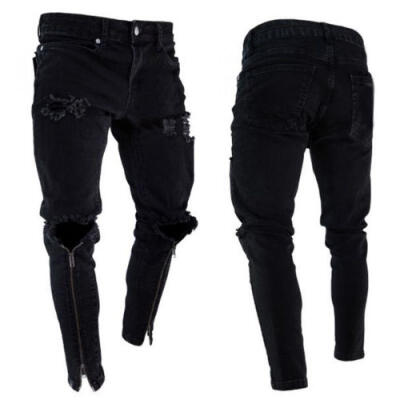 

Slim Destroyed Stretchy Ripped Skinny Biker Jeans Men Taped Fit Denim Pants