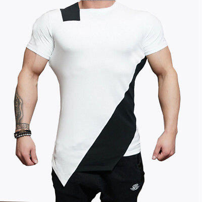 

New Mens T Shirt Cotton Slim Fit Muscle Top Short Sleeve Plain Deep Crew Neck