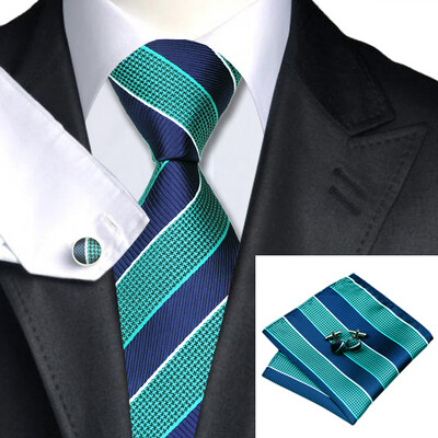 

N-0587 Vogue Men Silk Tie Set Blue Stripe Necktie Handkerchief Cufflinks Set Ties For Men Formal Wedding Business wholesale