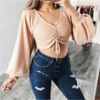 

Fashion Women Casual Long Sleeve V Neck Crop Top Knit Shirt Blouse T-shirt