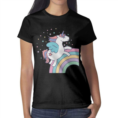 

Pink Unicorn Rainbow with Star Womens Black t Shirts Vintage Pretty Women Cotton tee Shirt