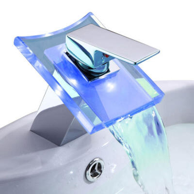 

LED Color Bathroom Wall Mount Waterfall Brass Faucet Basin Sink Mixer Tap